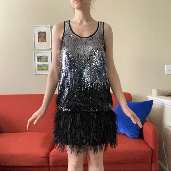 Michael Kors silver to black ombre sequin and feathers flapper tank dress - Picture 2 of 6